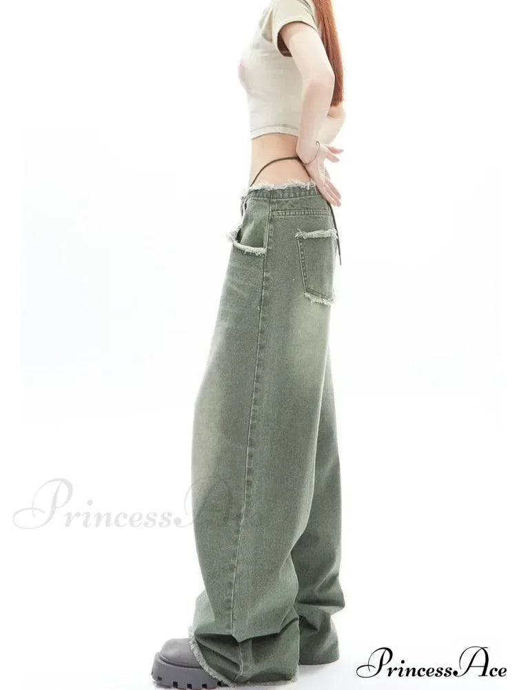 Vintage Green Wide Leg High Street Waisted Drape Straight Women’s Jean