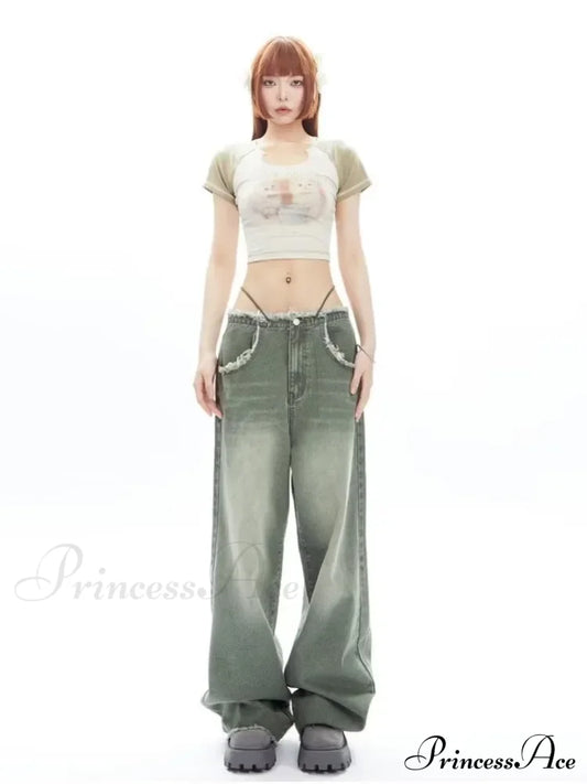 Vintage Green Wide Leg High Street Waisted Drape Straight Women’s Jean / S
