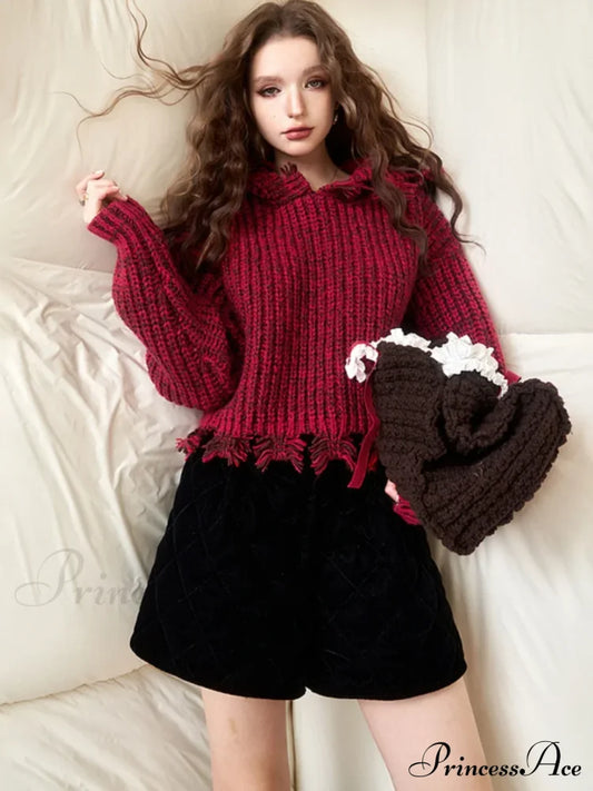 Vintage Harajuku Aesthetic Elegant Long Sleeves Red Pullover Christmas Sweater Sweaters-L