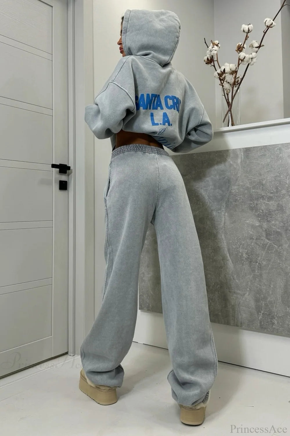 Vintage High Street Gray Loose Hoodie Jogger Two Piece Set