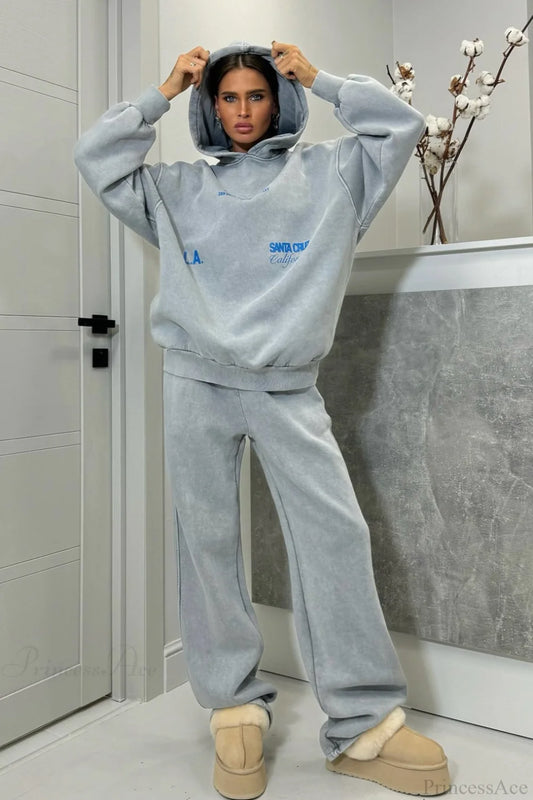 Vintage High Street Gray Loose Hoodie Jogger Two Piece Set Grey / S