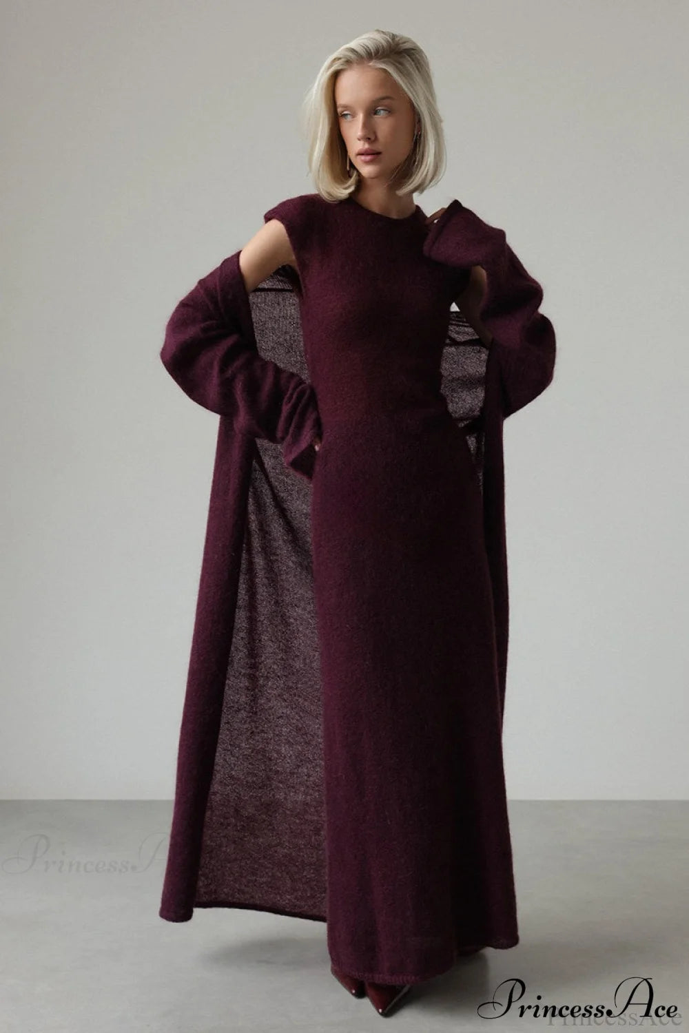 Vintage Knit Cardigan and Sleeveless Dress Two Piece Set Burgundy / S