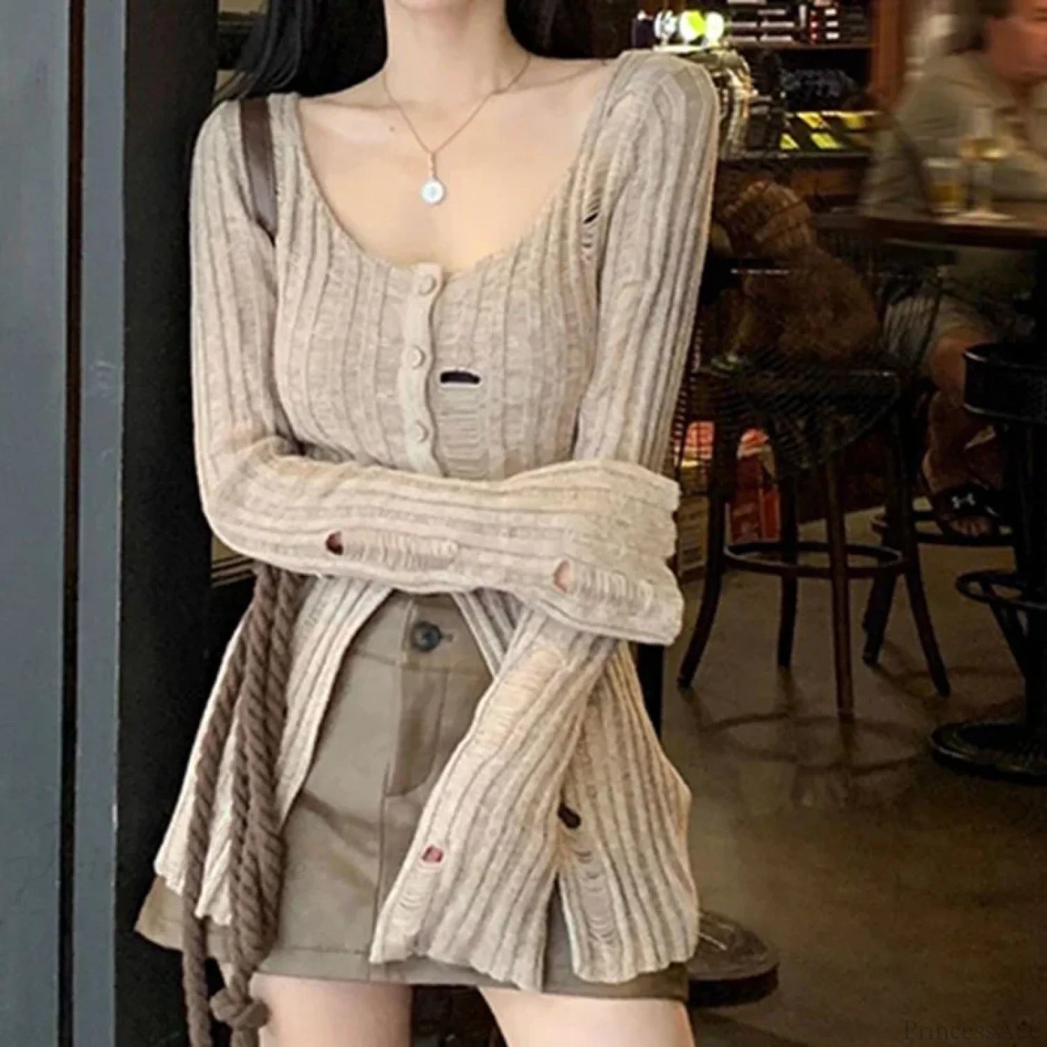 Vintage Knitted Spring Long Sleeve Button Closure Slim Knit Top Khaki / One Size knittop-250126