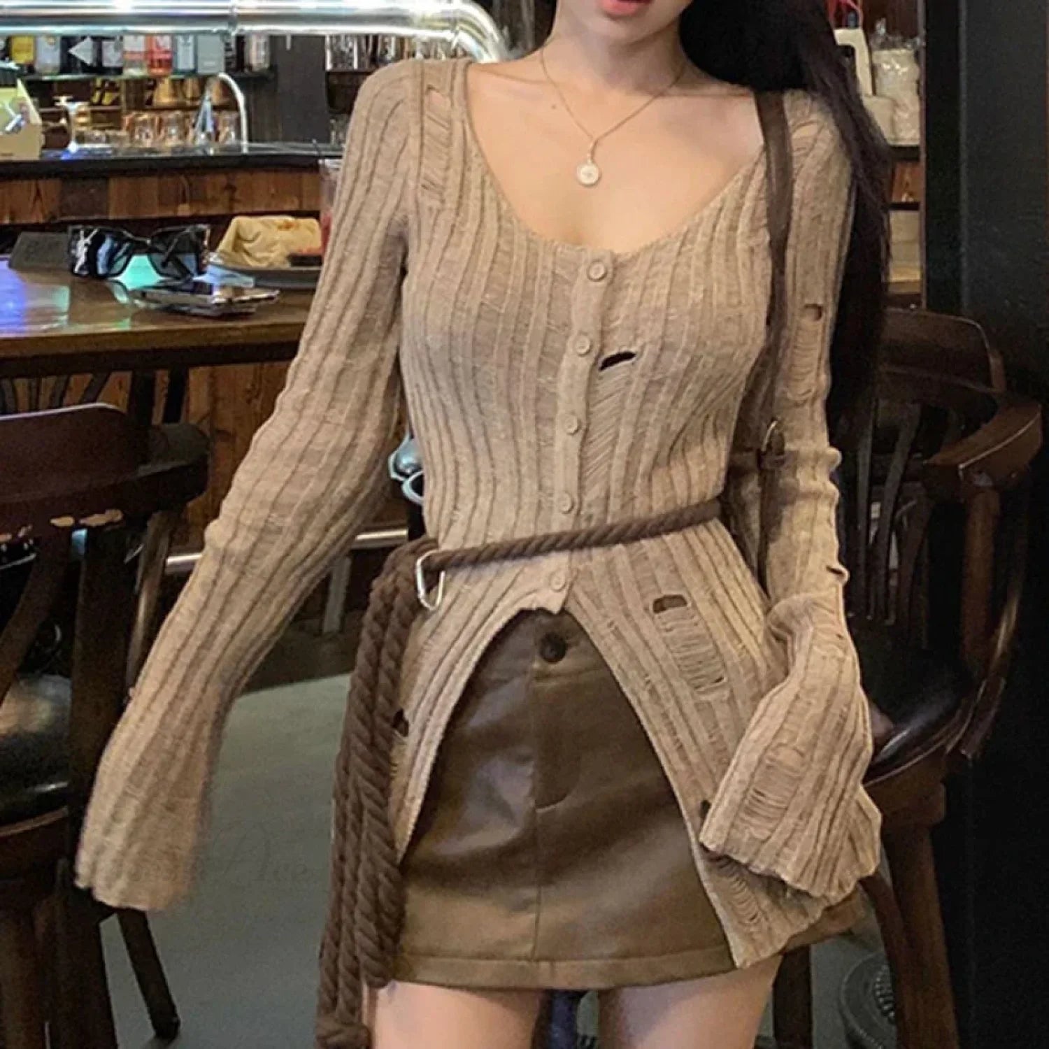 Vintage Knitted Spring Long Sleeve Button Closure Slim Knit Top Khaki / One Size knittop-250126