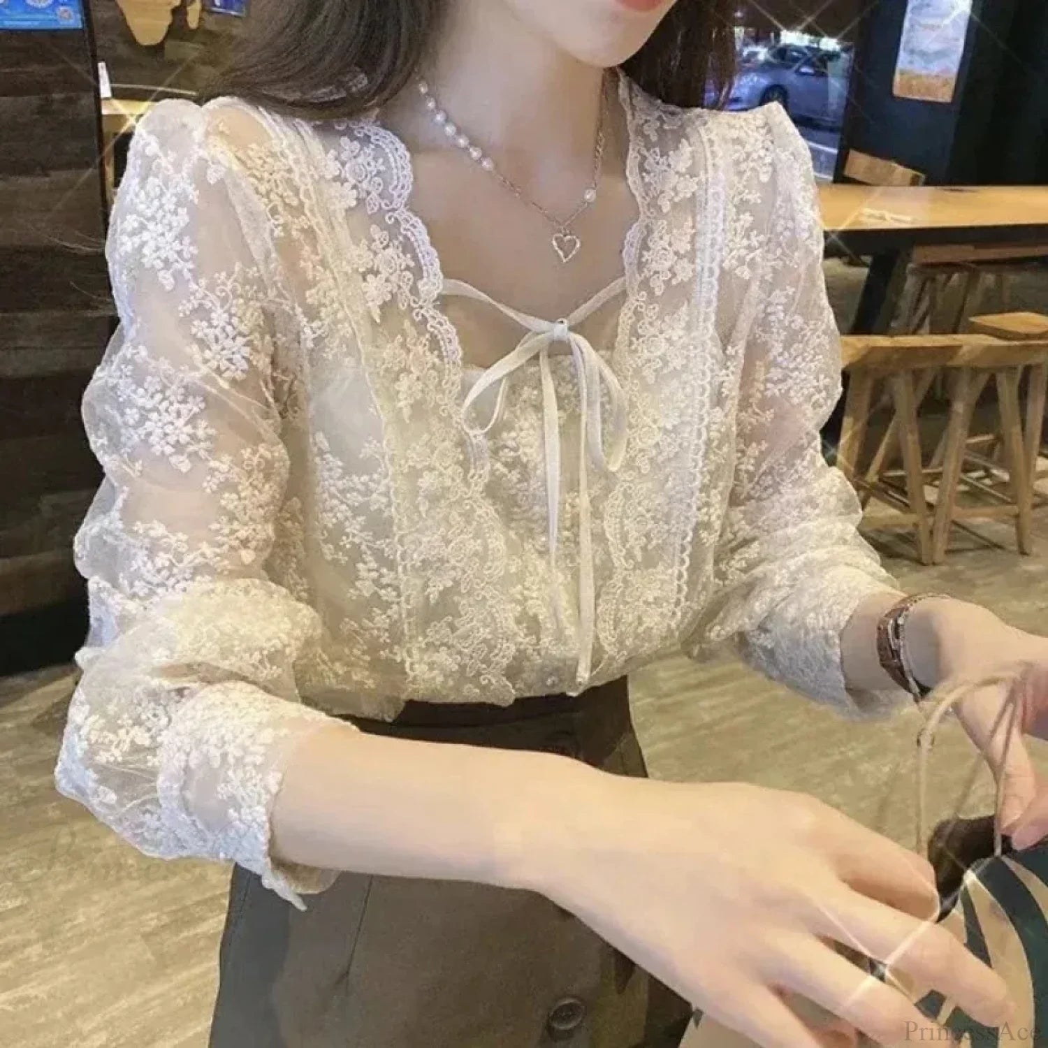 Vintage Lace Puff Long Sleeve Crochet Blouse blouse-250126