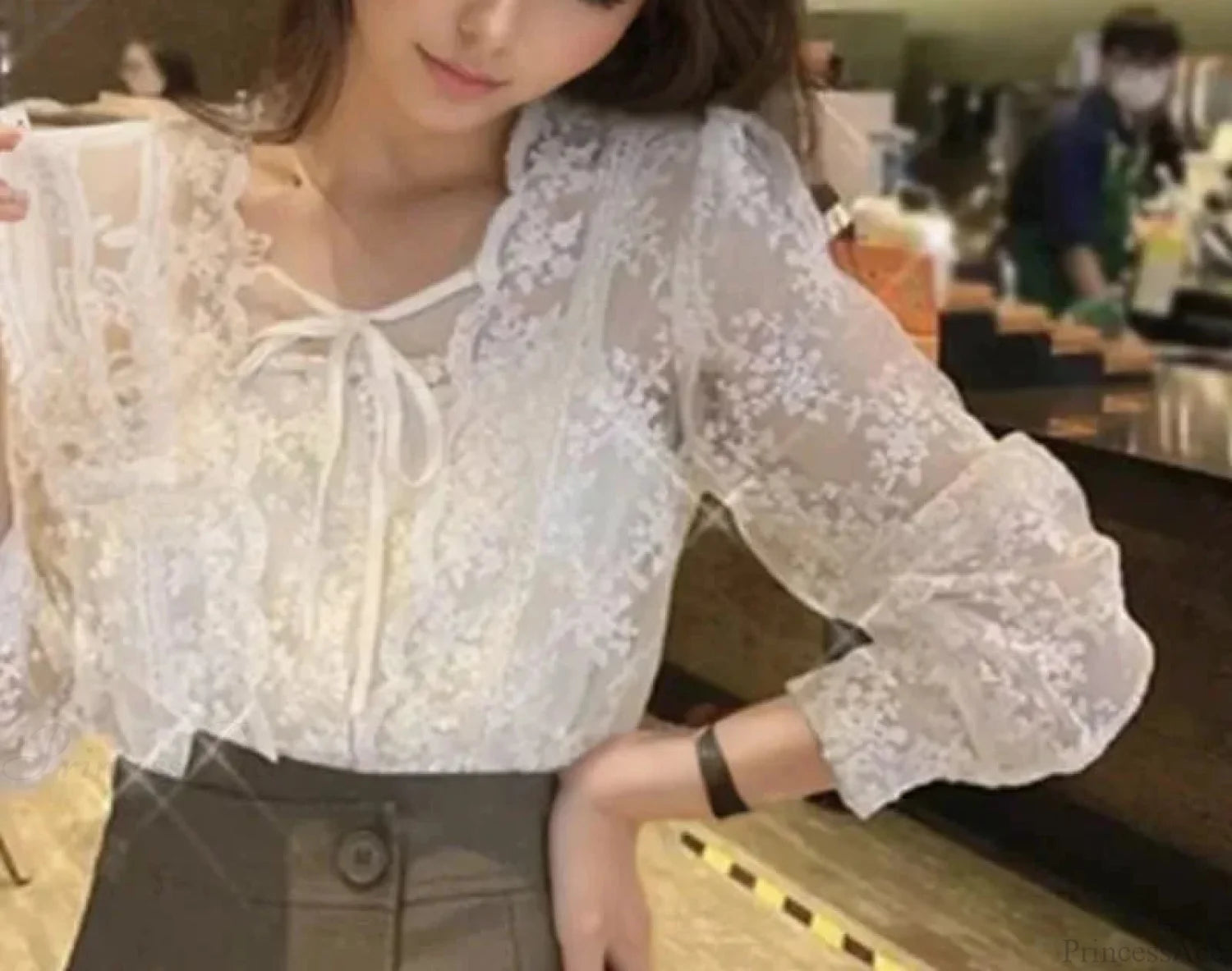 Vintage Lace Puff Long Sleeve Crochet Blouse blouse-250126