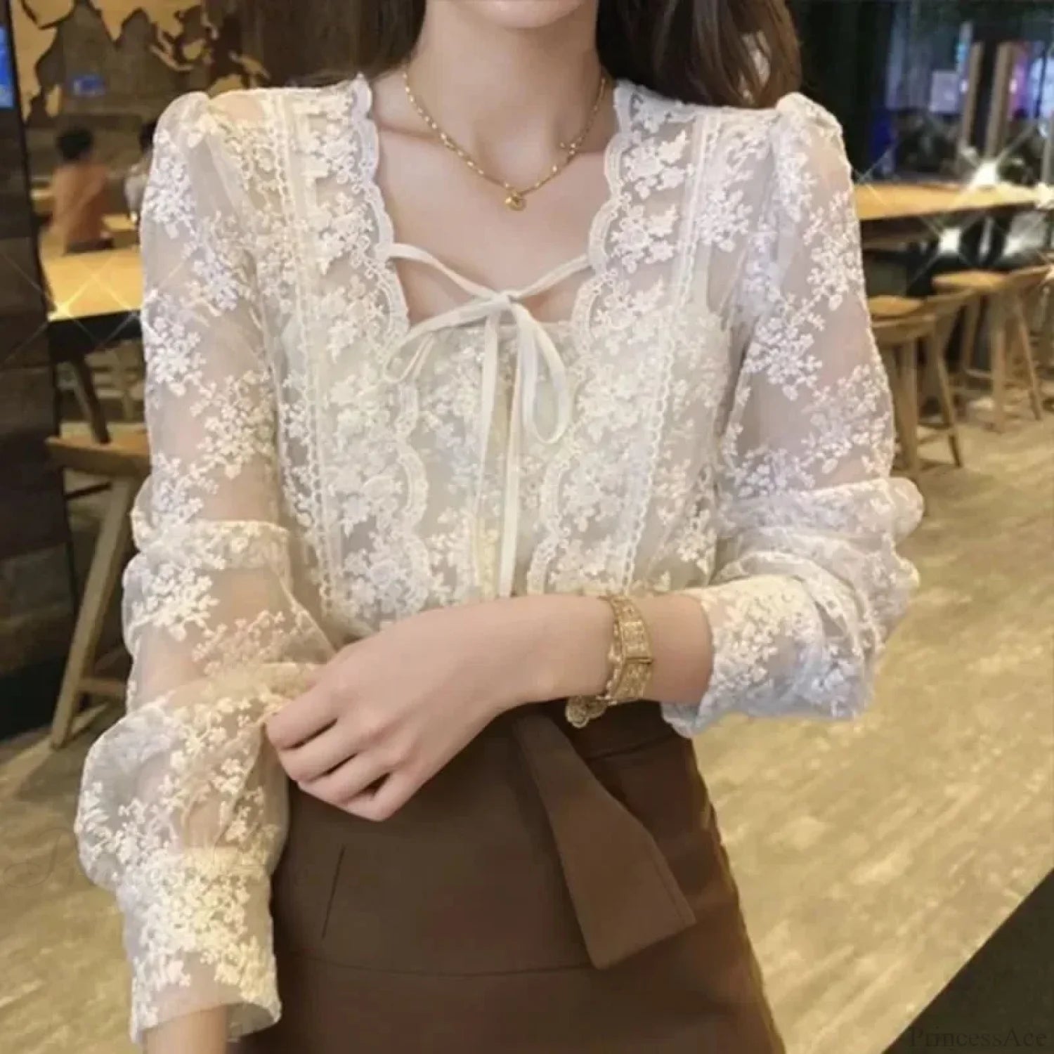 Vintage Lace Puff Long Sleeve Crochet Blouse APRICOT / S blouse-250126