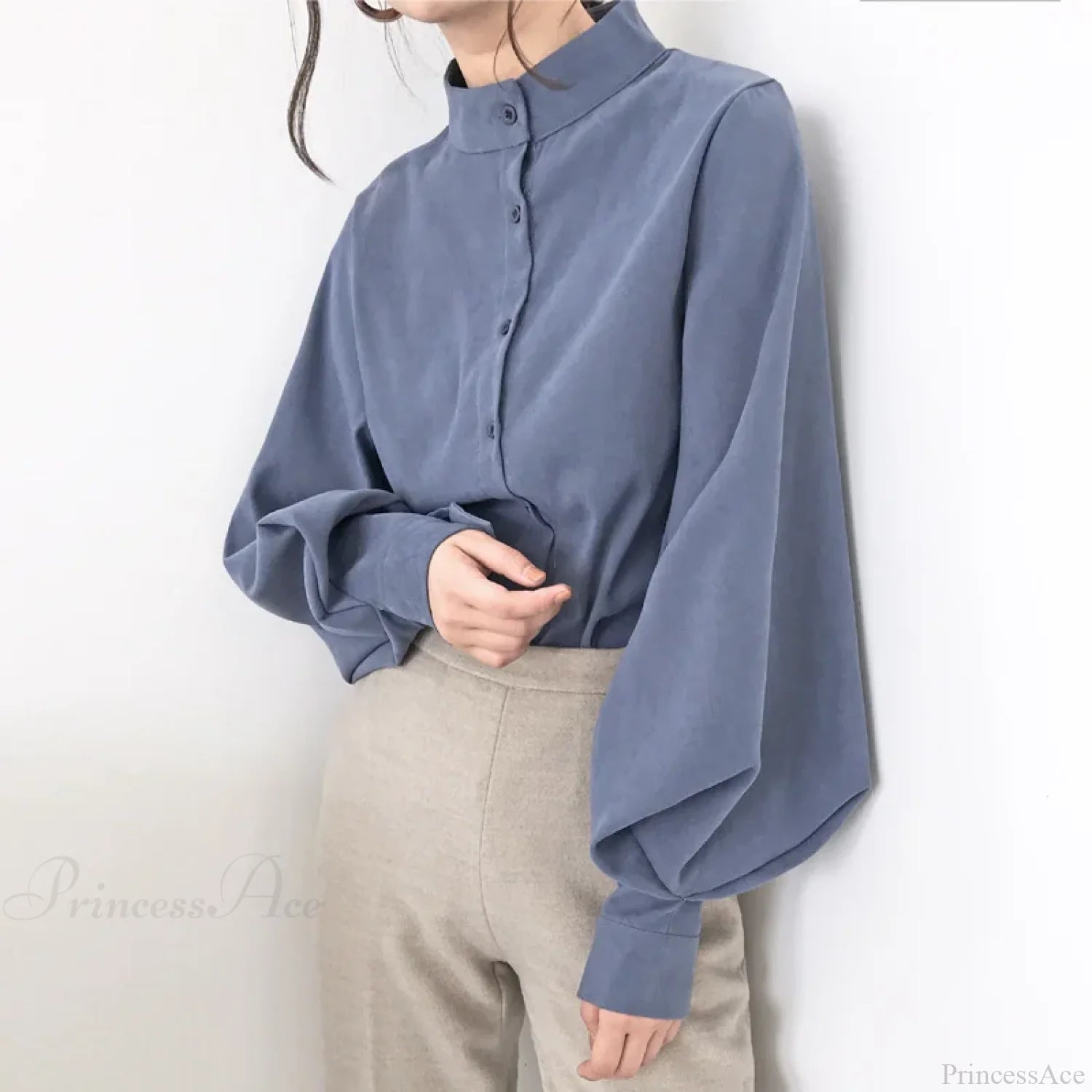 Vintage Lantern Sleeve Loose Stand Collar Blouse Blue / S blouse-250126