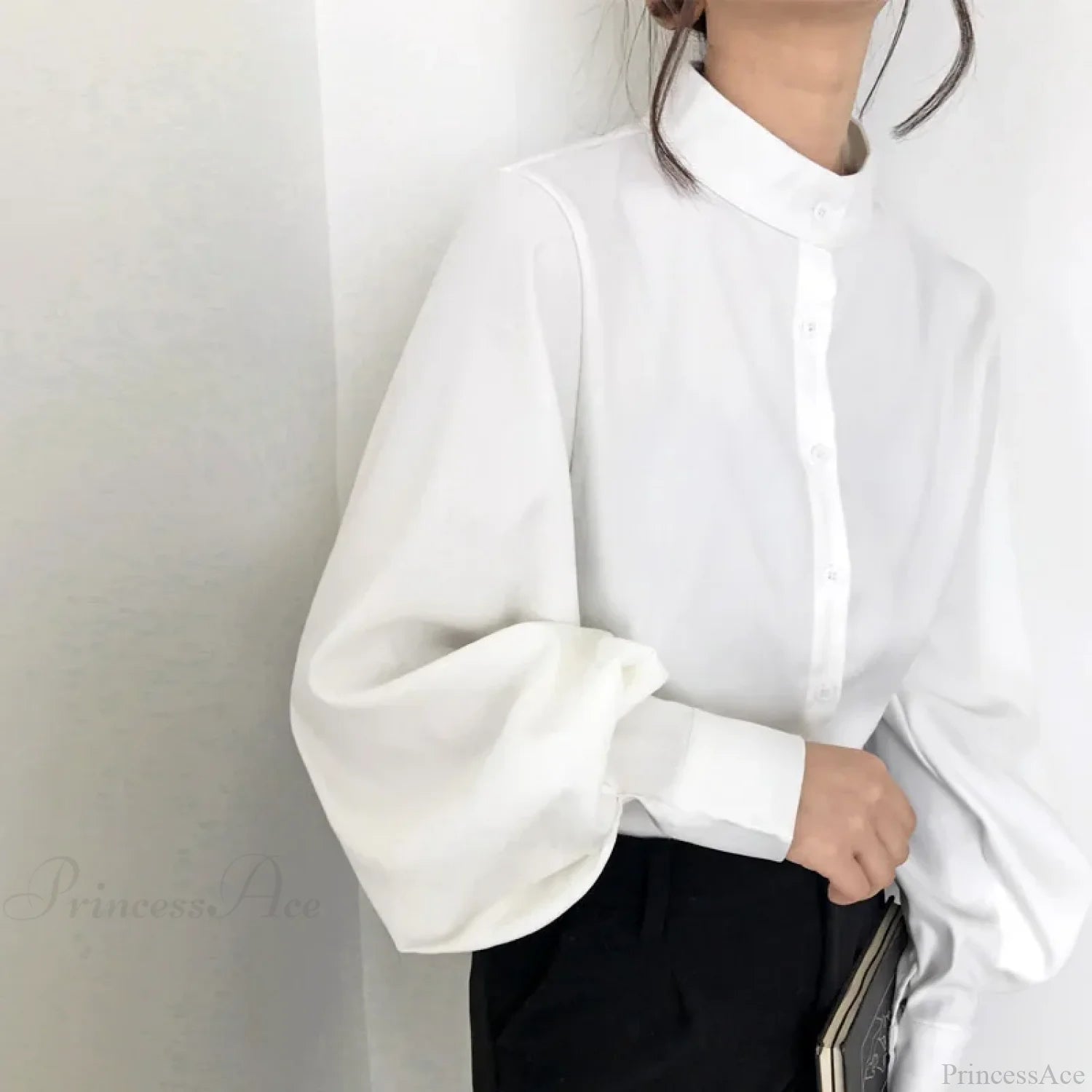Vintage Lantern Sleeve Loose Stand Collar Blouse WHITE / S blouse-250126