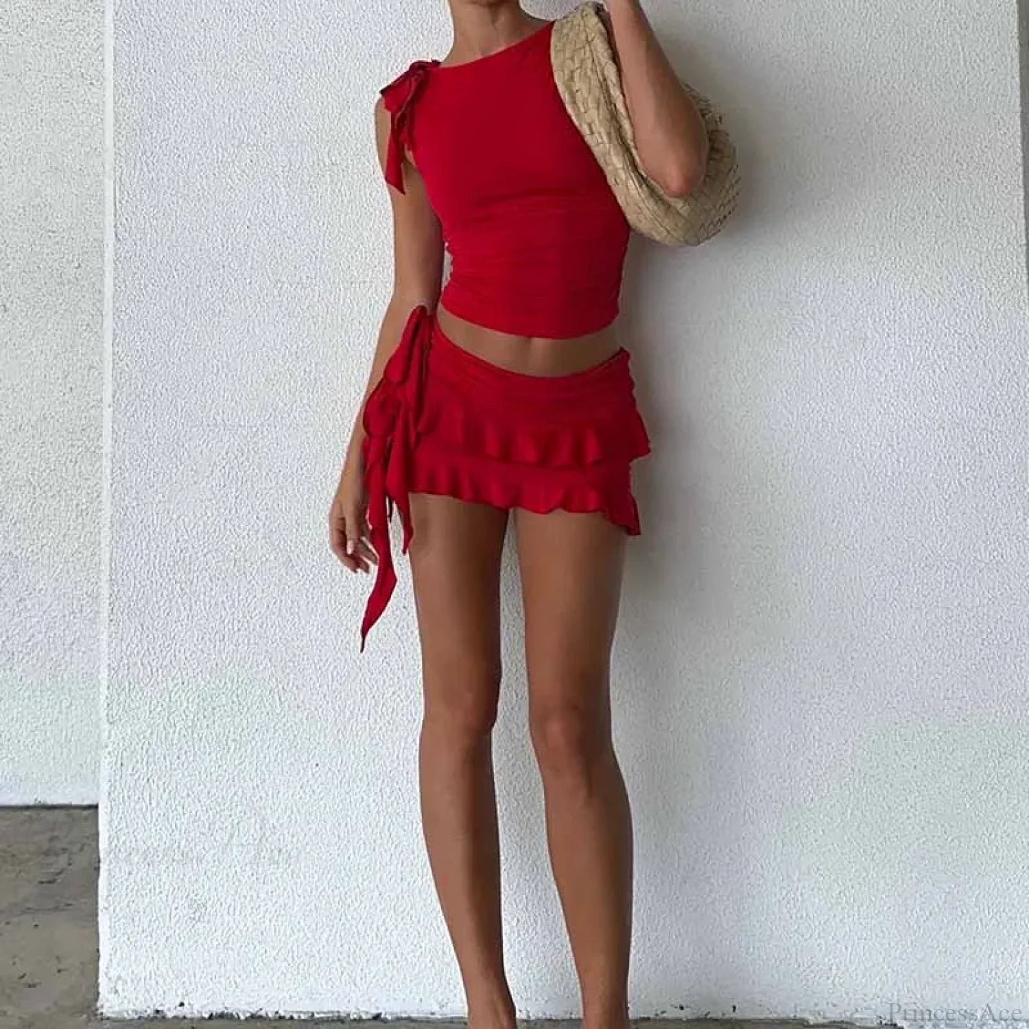 Vintage Lettuce Edge Tie Up Crop Top + Ruched Tiered Ruffles Mini Skirt Coquette 2 Piece Set Women Club Party