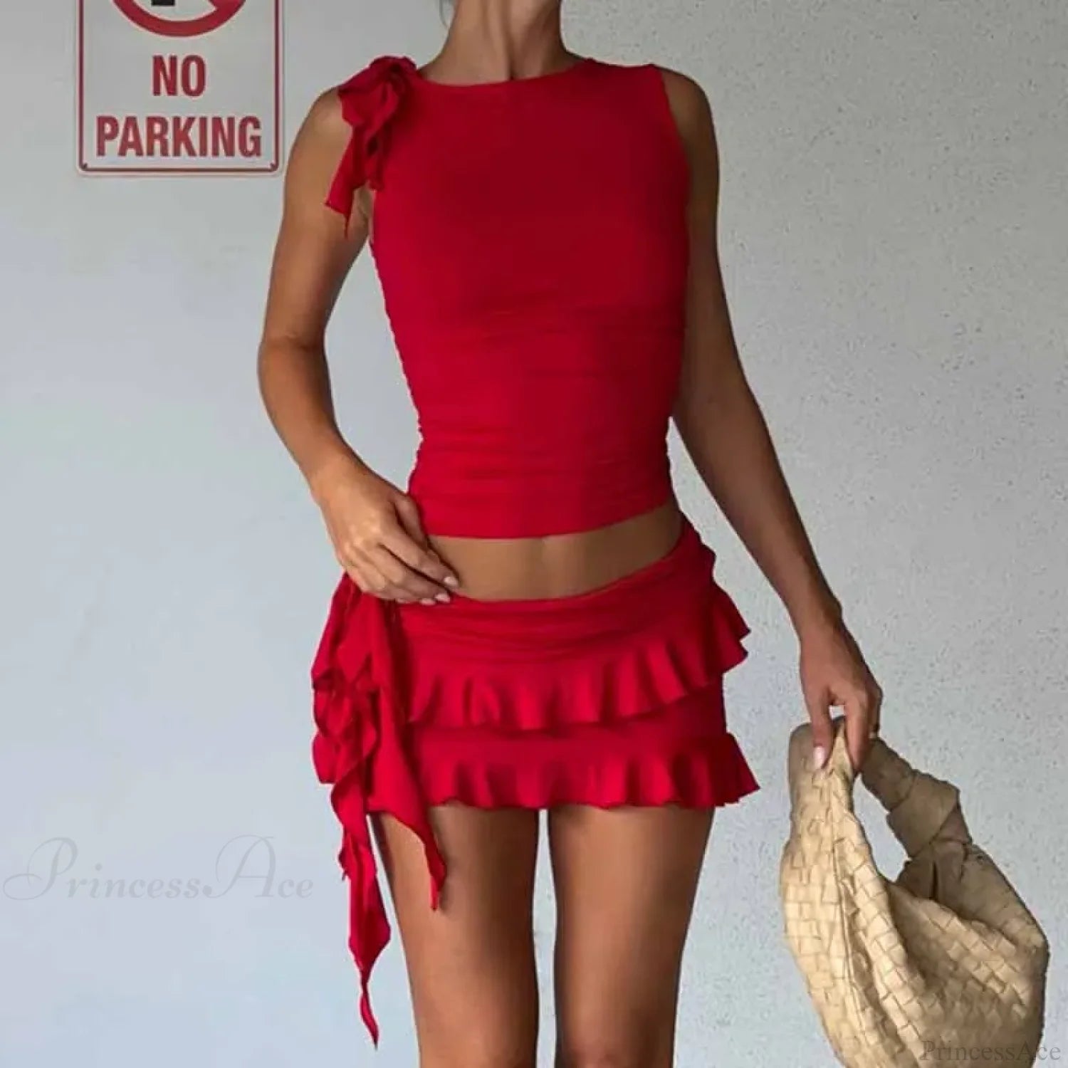 Vintage Lettuce Edge Tie Up Crop Top + Ruched Tiered Ruffles Mini Skirt Coquette 2 Piece Set Women Club Party