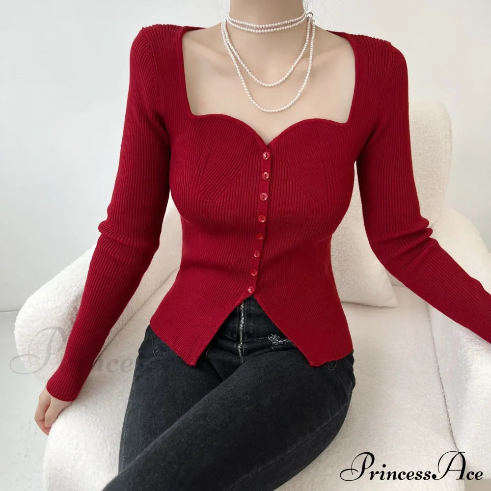 Vintage Long Sleeve Square Collar Slim Fashion Red Christmas Sweater / S Sweaters-L