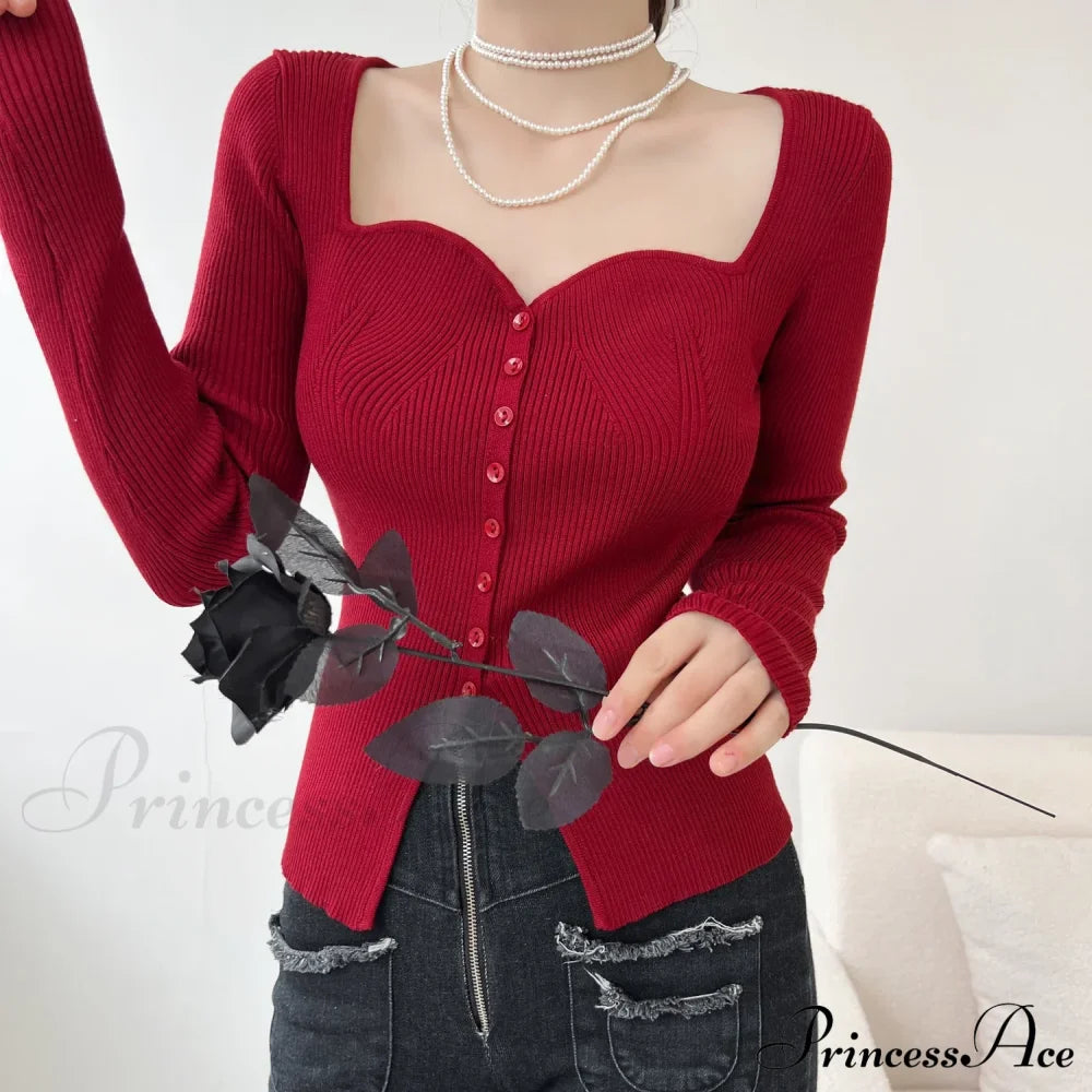 Vintage Long Sleeve Square Collar Slim Fashion Red Christmas Sweater Sweaters-L