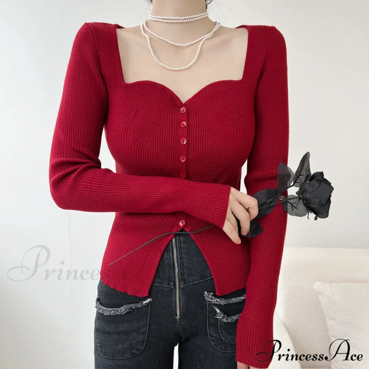 Vintage Long Sleeve Square Collar Slim Fashion Red Christmas Sweater Sweaters-L