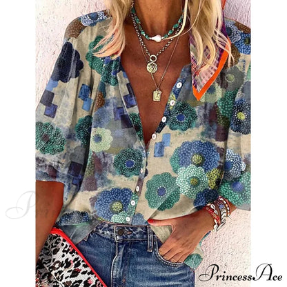 Vintage Loose Stamens Print Blouses 1 / S