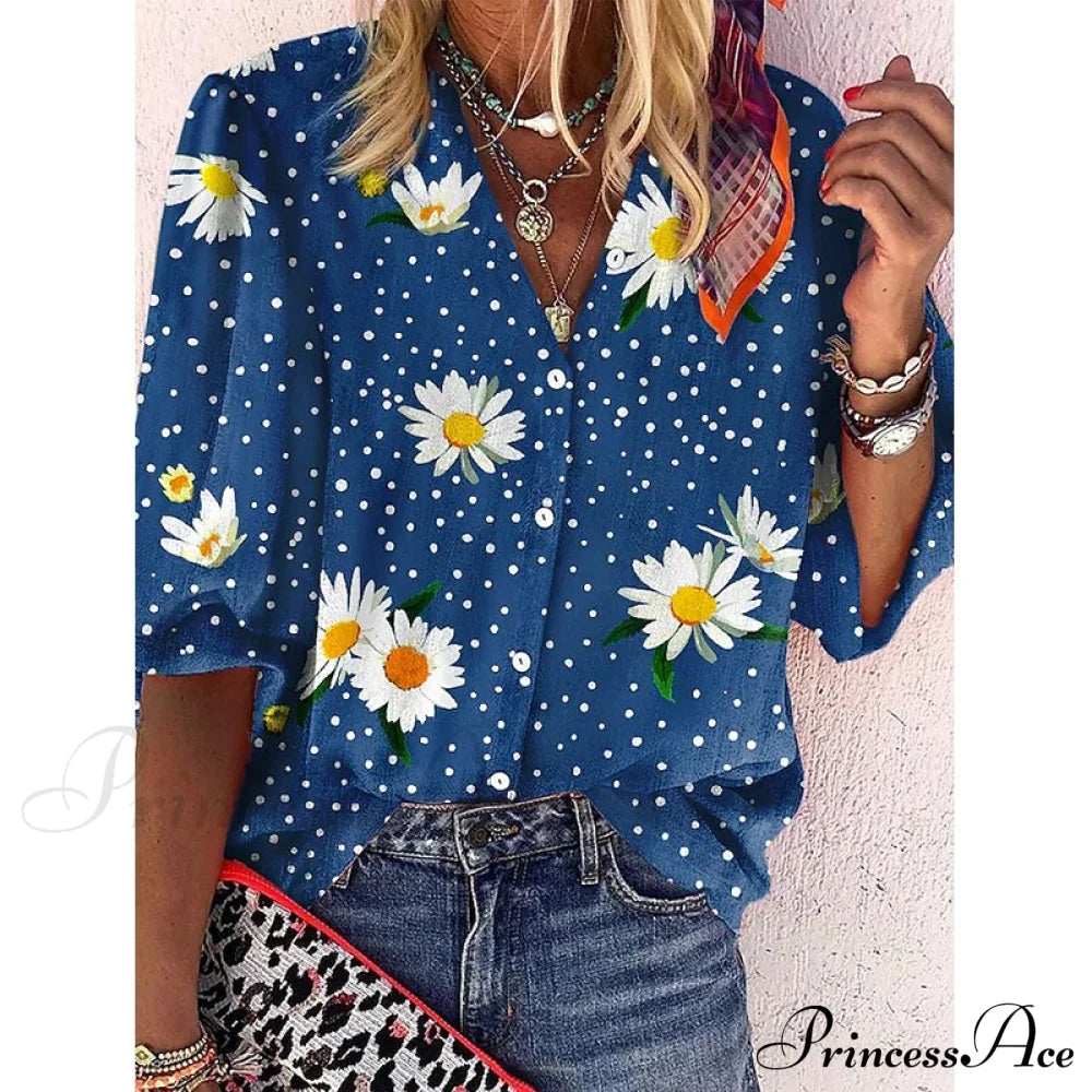 Vintage Loose Stamens Print Blouses 13 / S