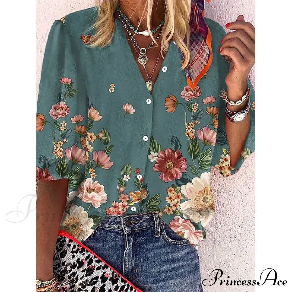 Vintage Loose Stamens Print Blouses 7 / S