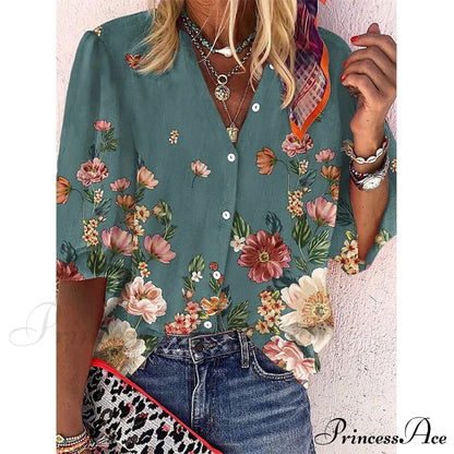 Vintage Loose Stamens Print Blouses 7 / S