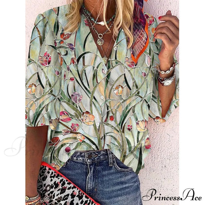 Vintage Loose Stamens Print Blouses 8 / S