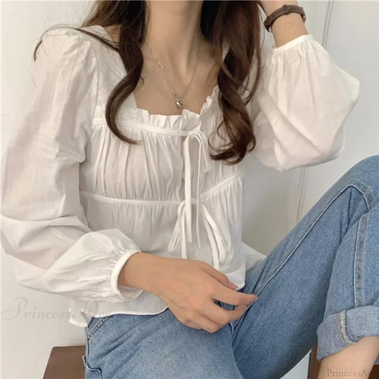 Vintage Loose White Ruffled Long Sleeve Blouse blouse-250126