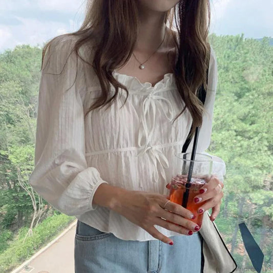 Vintage Loose White Ruffled Long Sleeve Blouse WHITE / S blouse-250126