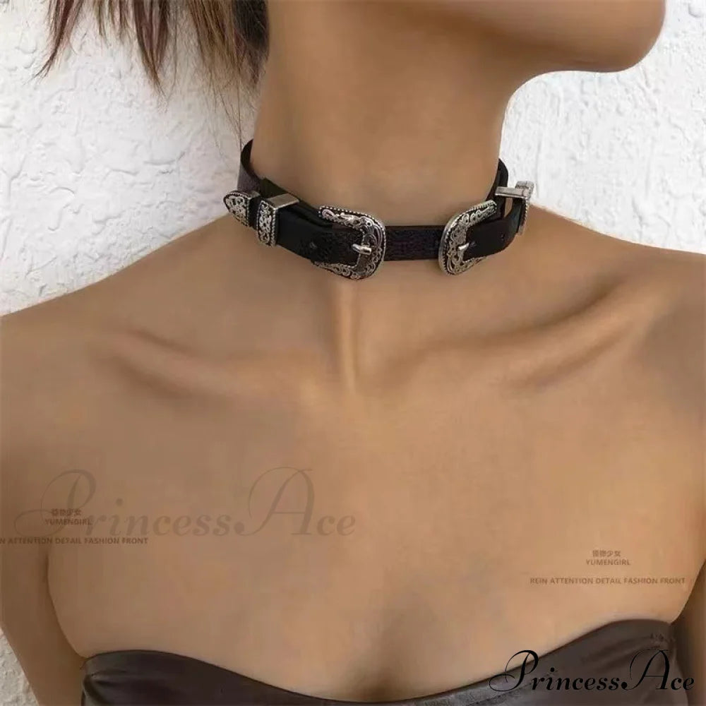 Vintage Metal Leather Y2K Punk Cool Gender-Neutral Choker Necklace Black Halloween