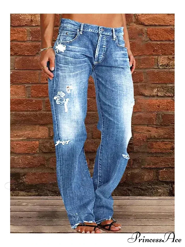 Vintage Middle-Waist Ripped Straight Blue Wide-Leg Denim Jean Light / S