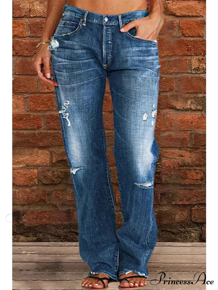 Vintage Middle-Waist Ripped Straight Blue Wide-Leg Denim Jean / S