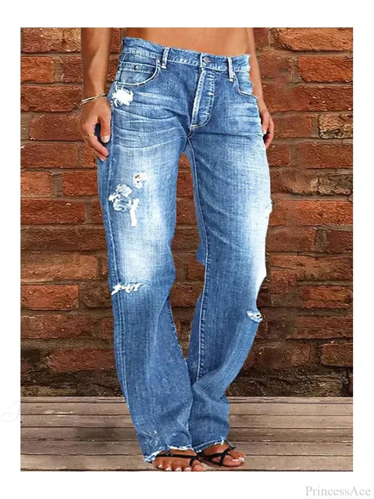 Vintage Middle-Waist Ripped Straight Blue Wide-Leg Denim Jean Light / S
