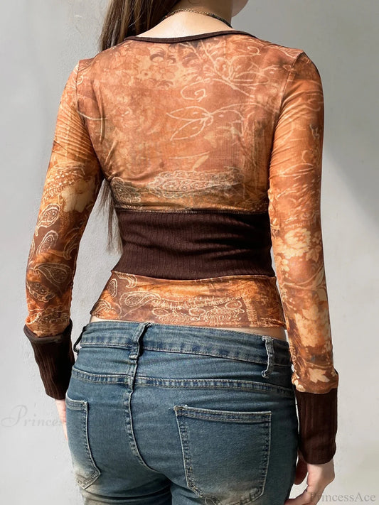 Vintage Patchwork Mesh See-Through Slim Square Collar Long Sleeve Knit Top knittop-250126