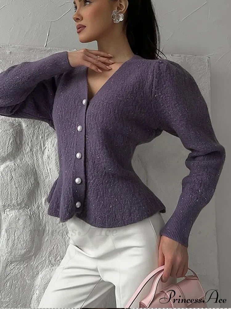 Vintage Pearl Button Slim Fit V-Neck Long Sleeve Christmas Sweater Grey / S Sweaters-L