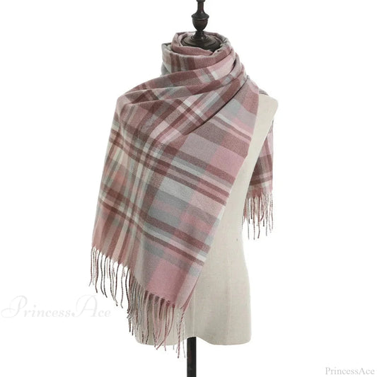 Vintage Plaid Cashmere Knit Tassel Scarf For Women Pink Scarfs-L