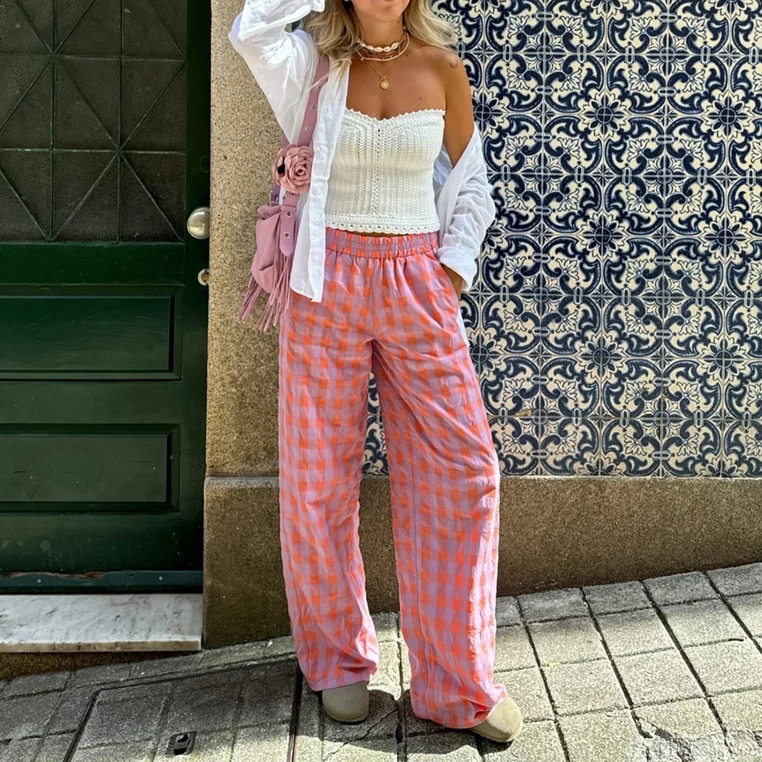 Vintage Plaid High Waist Loose Casual Aesthetic Pant pant-250223