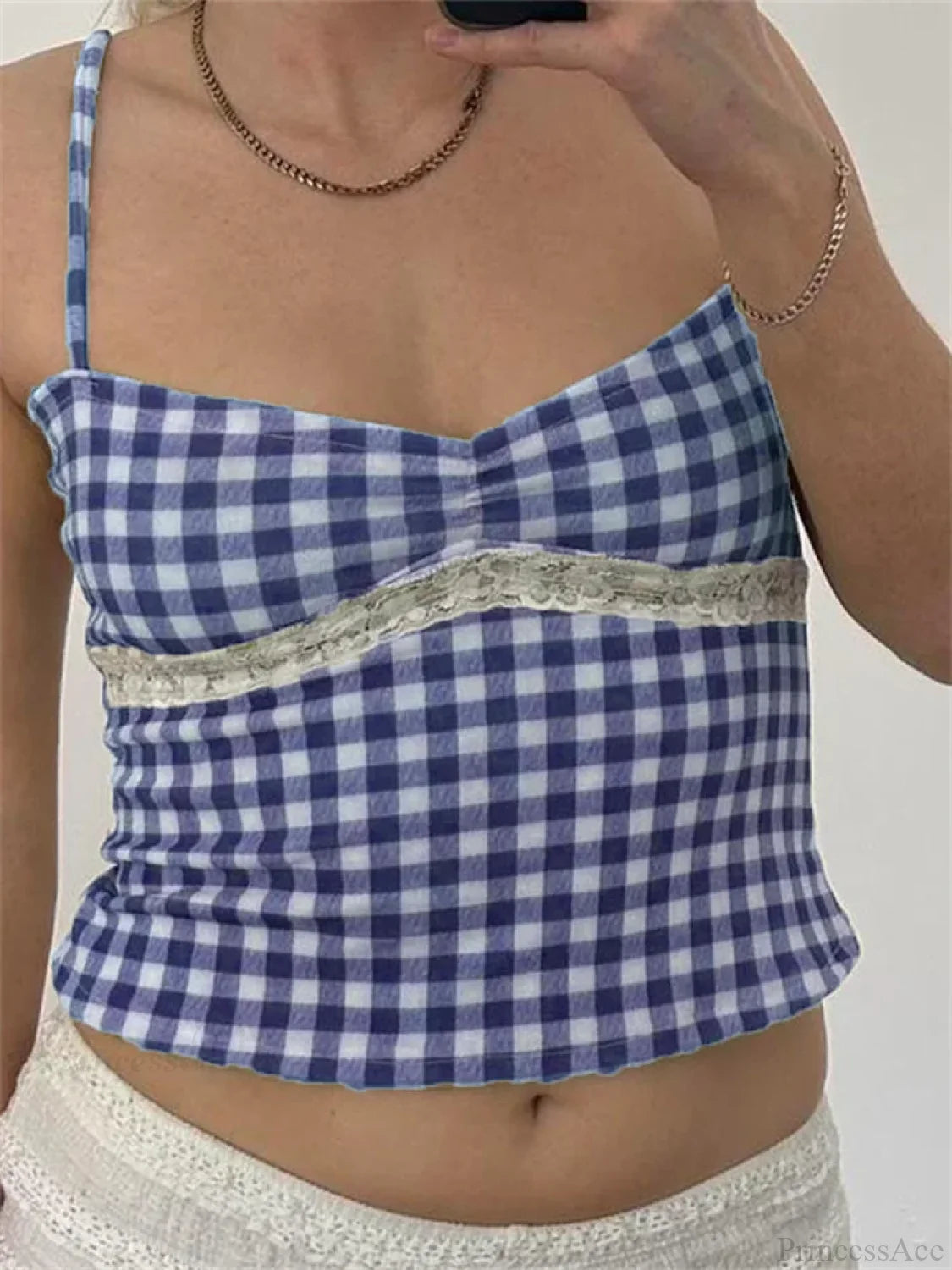 Vintage Plaid Lace Patchwork Spaghetti Crop Top BLUE / S croptop-250126