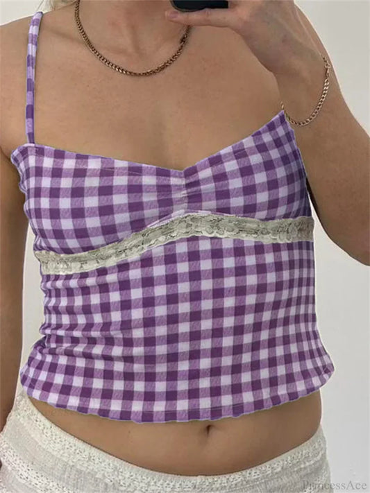 Vintage Plaid Lace Patchwork Spaghetti Crop Top PURPLE / S croptop-250126