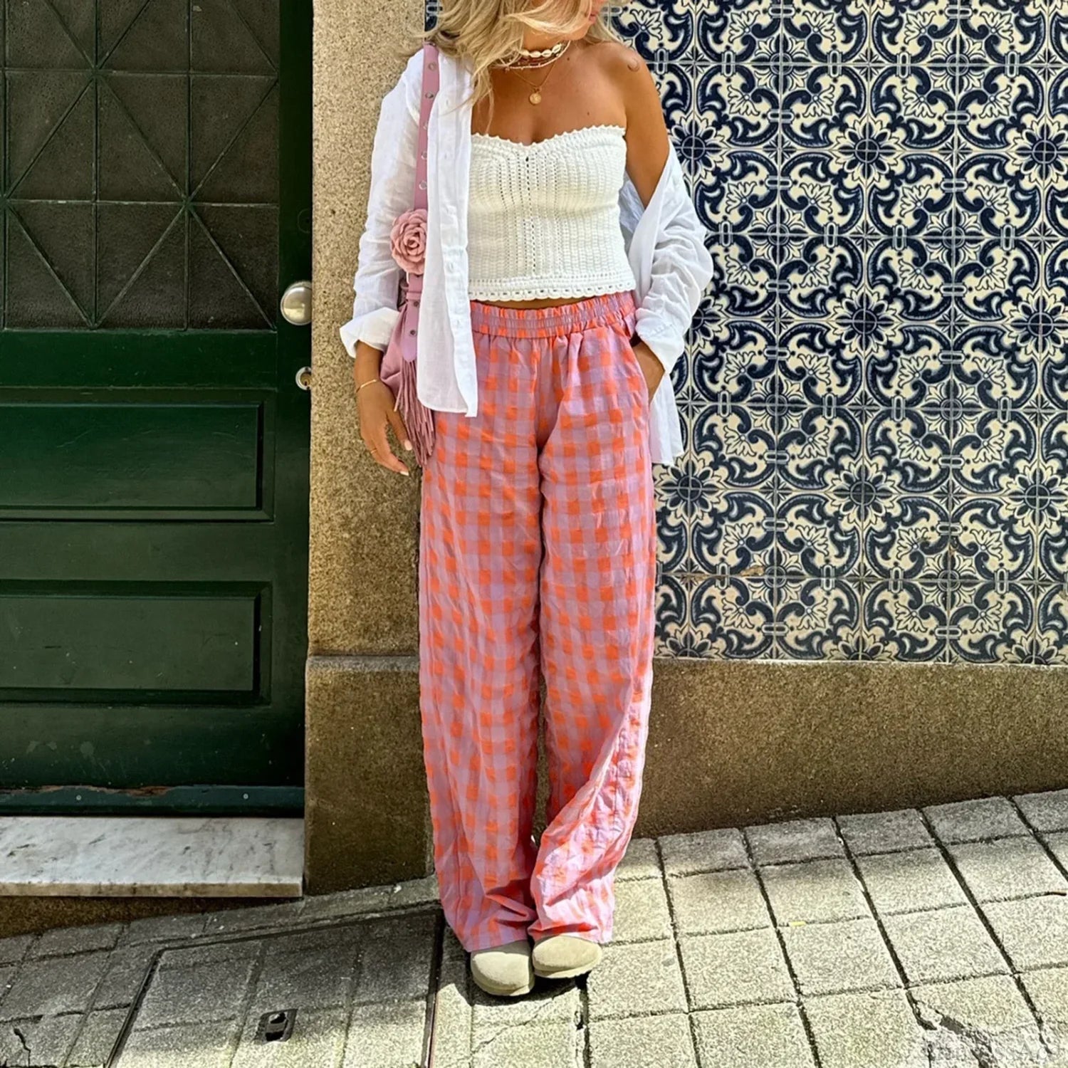 Vintage Plaid Loose Wide Leg Boho Palazzo Pant pant-250223