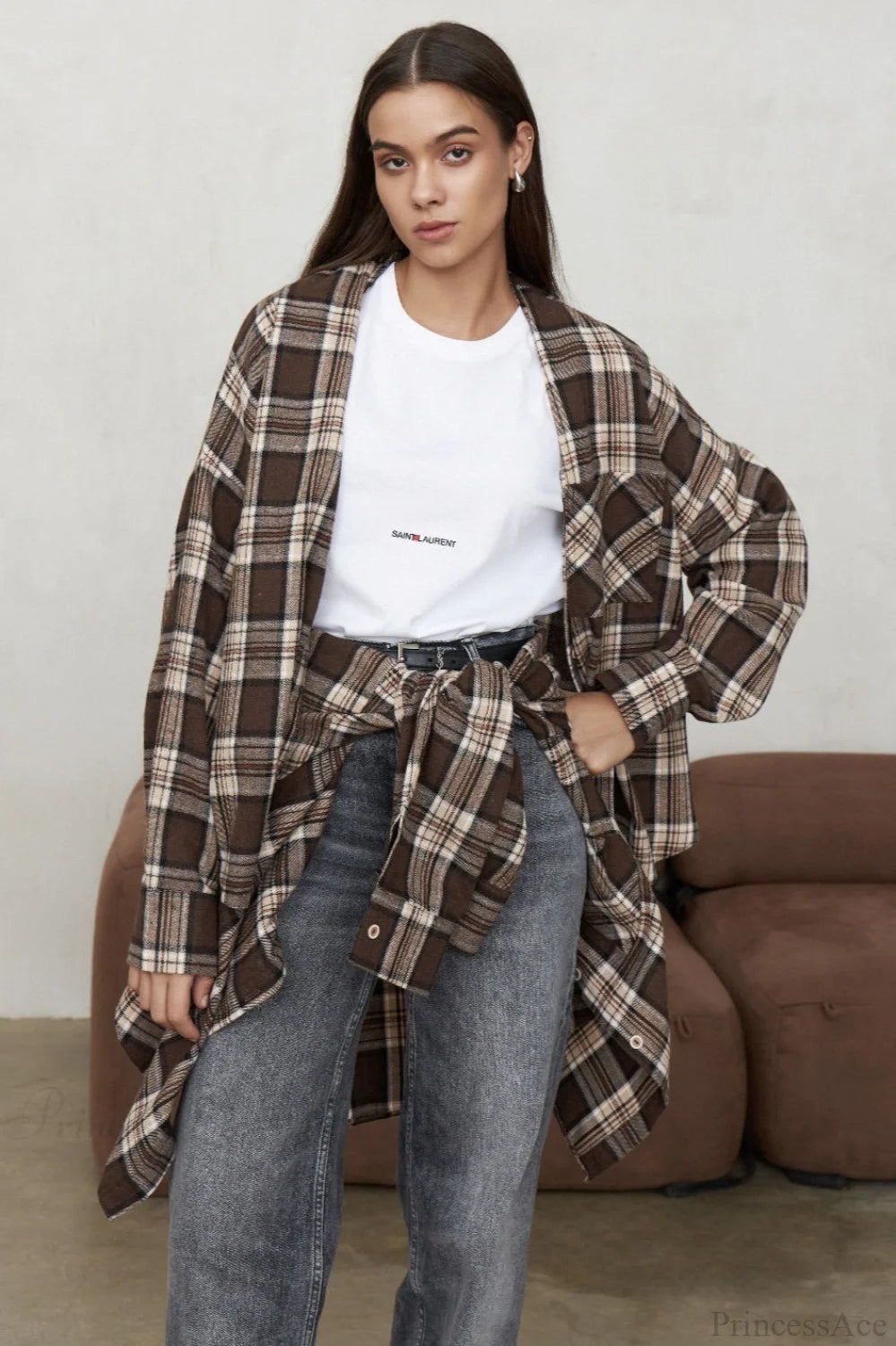 Vintage Plaid Pocket Long Sleeve Collared Blouse