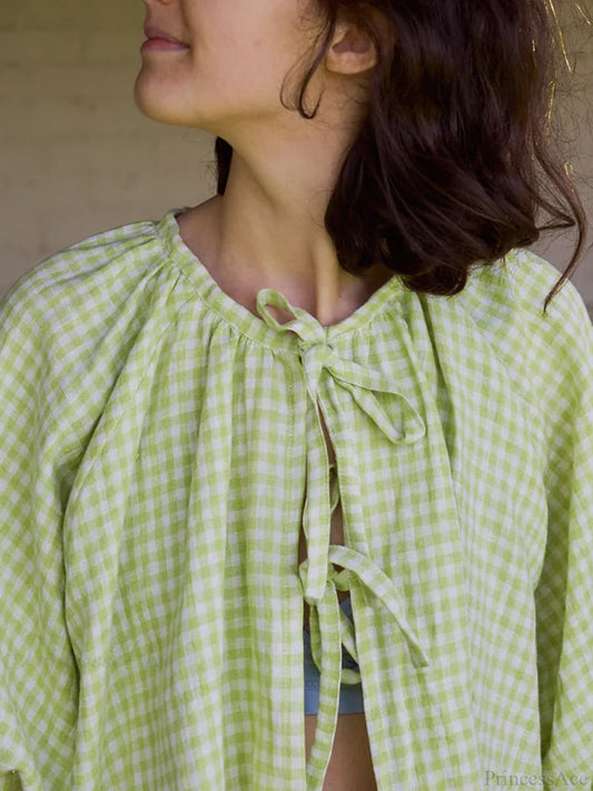 Vintage Plaid Tie-Up Blouse green / S blouse-250223
