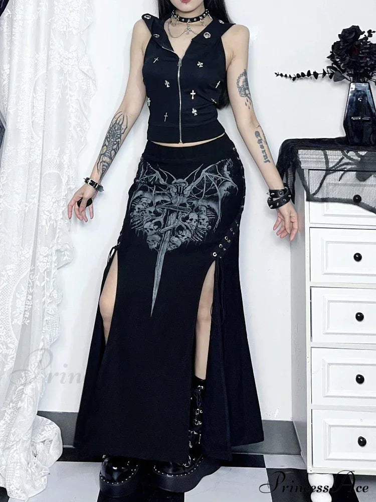 Vintage Print High Waist Mermaid Maxi Gothic Long Sexy High-Slit Skirt Halloween