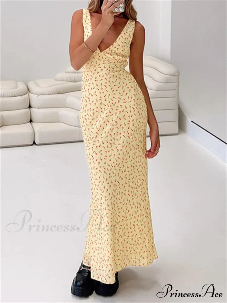 Vintage Print Long Tank Maxi Dress Yellow / S