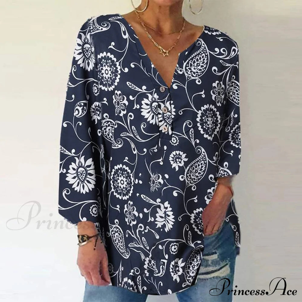 Vintage Printed Casual Long Sleeve Shirts Navy / S