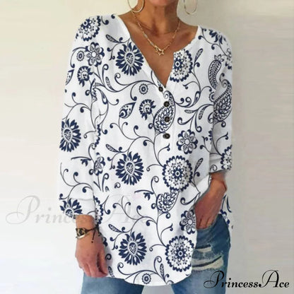 Vintage Printed Casual Long Sleeve Shirts White / S