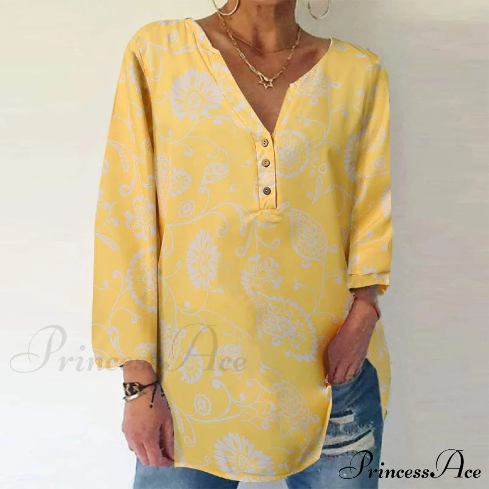 Vintage Printed Casual Long Sleeve Shirts Yellow / S