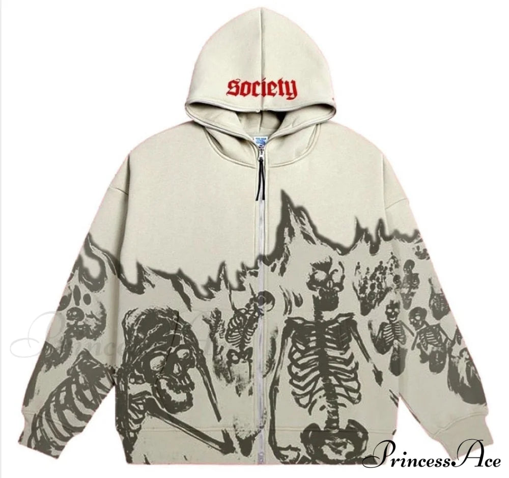 Vintage Printed Zip Up Hoodie Beige / M Sweatshirts & Hoodies-L