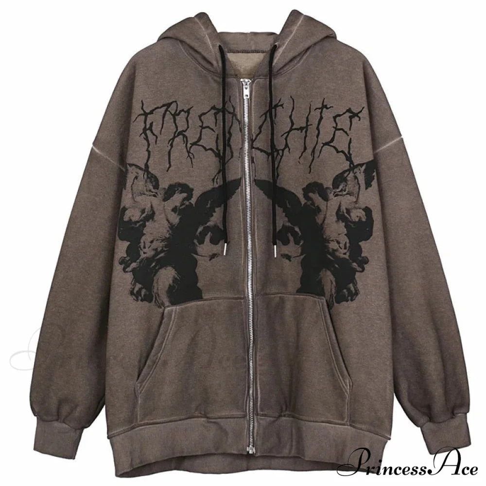 Vintage Printed Zip Up Hoodie Brown / M Sweatshirts & Hoodies-L