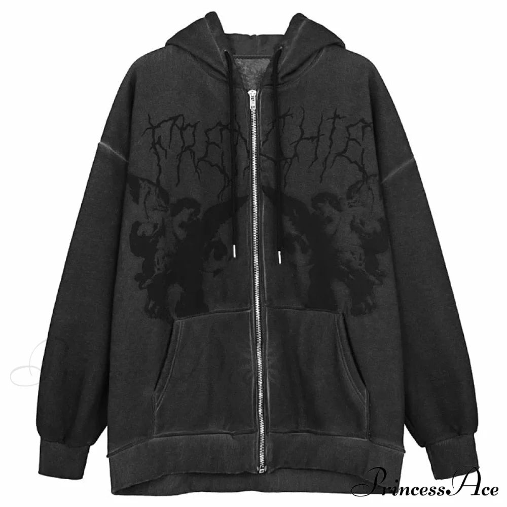 Vintage Printed Zip Up Hoodie Sweatshirts & Hoodies-L