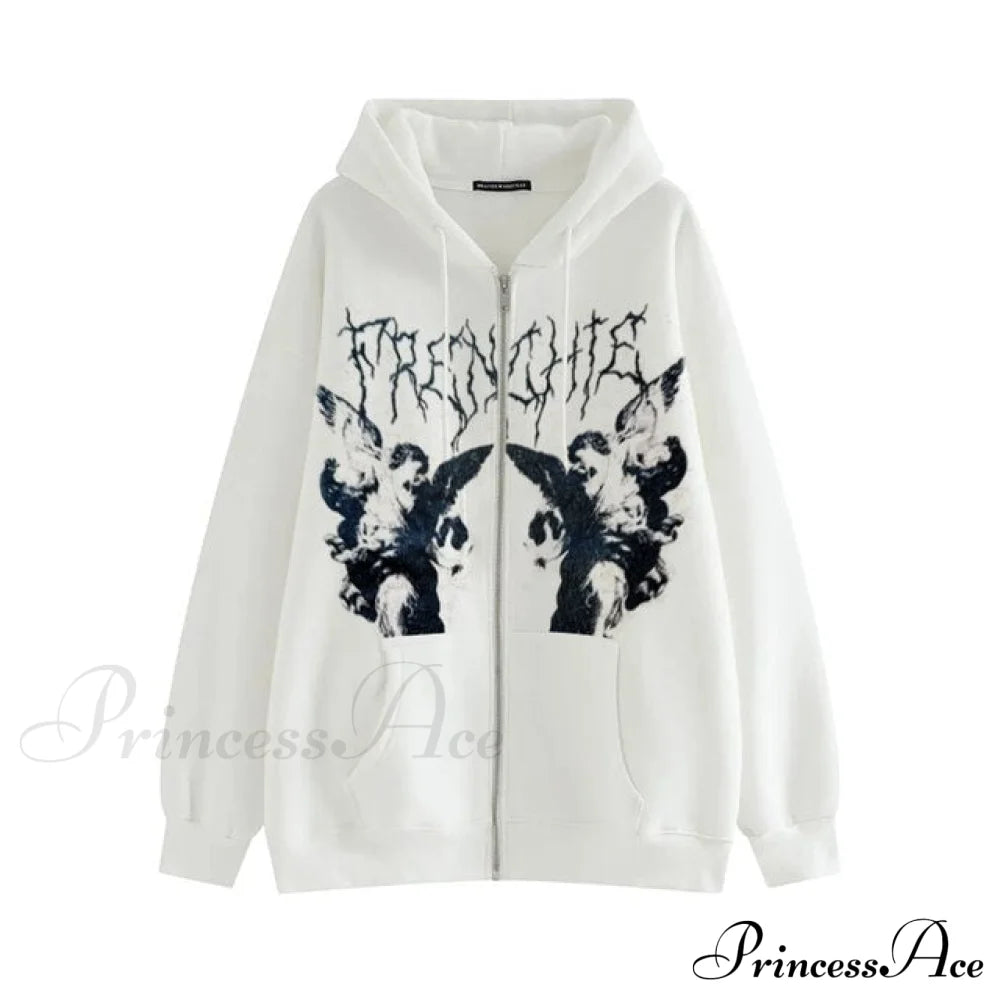 Vintage Printed Zip Up Hoodie White / M Sweatshirts & Hoodies-L