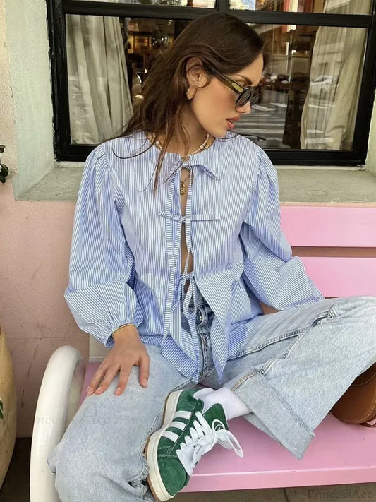 Vintage Puff Sleeve Bow Button Blouse BLUE / S blouse-250223