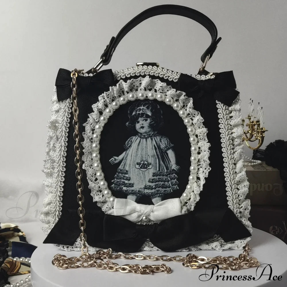 Vintage Punk Black White Doll Satchels Bowtie Imitation Pearl Lace Bag Black Halloween