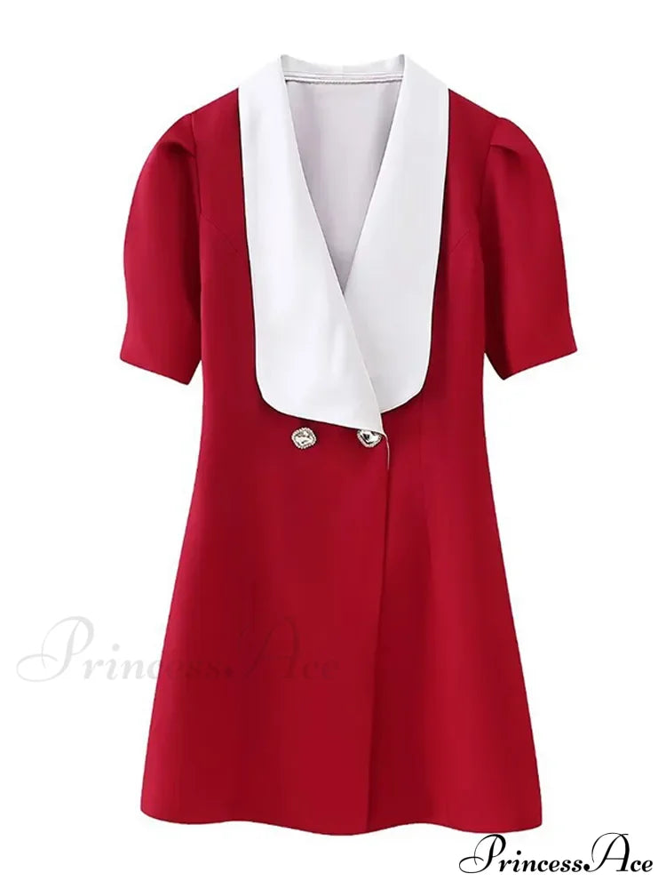 Vintage Red Contrasting Button Mini Dresses Elegant V Neck A-Line Christmas Party Dress Rose Red /